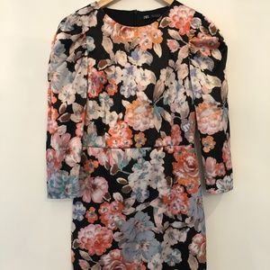 ZARA puff sleeve floral dress modern retro S satin
